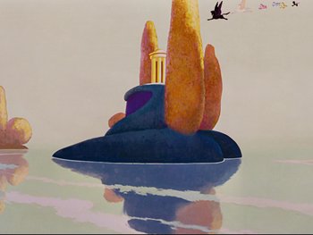 Movie still from “Fantasia” (1940), directed by Ford Beebe Jr. – A painting of a boat with a bird flying above it; Extreme Wide shot, Low angle