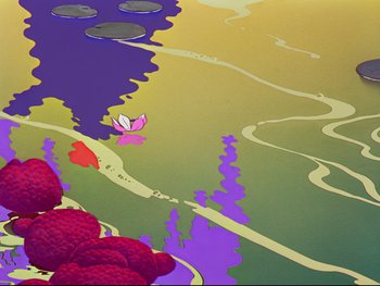 Movie still from “Fantasia” (1940), directed by Ford Beebe Jr. – A painting of a pond with a pink butterfly on it's back; Extreme Wide shot, High angle