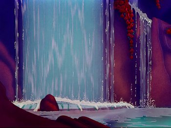 Movie still from “Fantasia” (1940), directed by Ford Beebe Jr. – A painting of a waterfall with a rock in the middle of it; Extreme Wide shot, Low angle