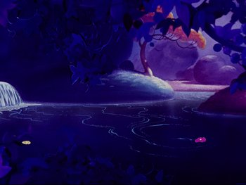 Movie still from “Fantasia” (1940), directed by Ford Beebe Jr. – A painting of a lake and a tree; Extreme Wide shot, High angle