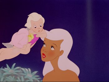Movie still from “Fantasia” (1940), directed by Ford Beebe Jr. – An animated woman and a baby in a scene from the jetsons; Medium shot, High angle