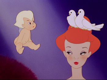 Movie still from “Fantasia” (1940), directed by Ford Beebe Jr. – An animation of a baby and a woman with birds on her head; Medium shot, High angle