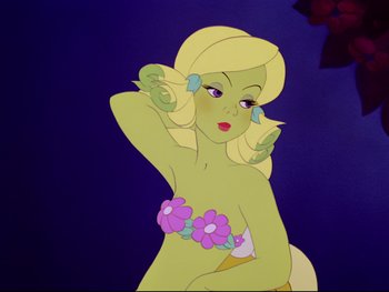 Movie still from “Fantasia” (1940), directed by Ford Beebe Jr. – A woman in a green bikini with flowers in her hair; Medium shot, Over the shoulder angle