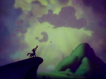 Movie still from “Fantasia” (1940), directed by Ford Beebe Jr. – A painting of a man riding a horse on top of a hill; Extreme Wide shot, High angle
