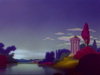 Movie still from “Fantasia” (1940), directed by Ford Beebe Jr. – A painting of a lake with a castle on top of it; Extreme Wide shot, High angle
