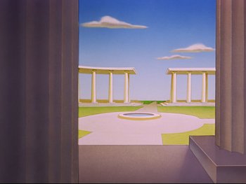 Movie still from “Fantasia” (1940), directed by Ford Beebe Jr. – A painting of an outdoor area with a fountain and pillars; Extreme Wide shot, Low angle