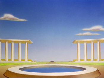 Movie still from “Fantasia” (1940), directed by Ford Beebe Jr. – A painting of a pool with a sky background; Extreme Wide shot, Low angle