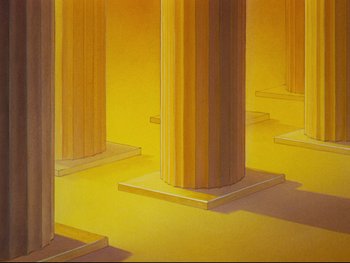 Movie still from “Fantasia” (1940), directed by Ford Beebe Jr. – A painting of pillars in a room with yellow walls; Extreme Wide shot, Low angle