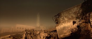 Movie still from “The Rock” (1996), directed by Michael Bay – A very tall tower in the middle of the night; Extreme Wide shot, Low angle