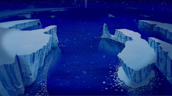 Movie still from “Fantasia 2000” (1999), directed by Eric Goldberg – An illustration of an icy ocean with two icebergs in the water; Extreme Wide shot, Overhead angle