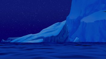 Movie still from “Fantasia 2000” (1999), directed by Eric Goldberg – An illustration of an iceberg in the middle of the night; Extreme Wide shot, Low angle