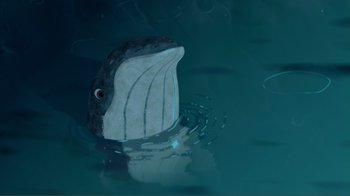 Movie still from “Fantasia 2000” (1999), directed by Eric Goldberg – An illustration of a whale in the water; Extreme Wide shot, High angle