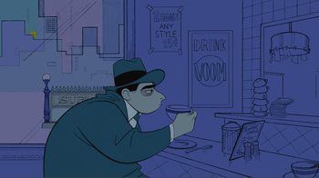 Movie still from “Fantasia 2000” (1999), directed by Eric Goldberg – A man in a hat drinking a cup of coffee; Medium shot, Over the shoulder angle
