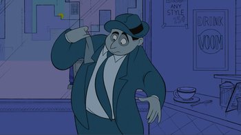Movie still from “Fantasia 2000” (1999), directed by Eric Goldberg – An animated picture of a man in a suit and a hat; Medium shot, Low angle