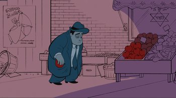 Movie still from “Fantasia 2000” (1999), directed by Eric Goldberg – A cartoon of a man in a suit and a hat; Medium shot, High angle