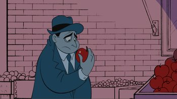 Movie still from “Fantasia 2000” (1999), directed by Eric Goldberg – An animated man holding an apple in front of a brick wall; Close Up shot, Over the shoulder angle