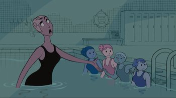 Movie still from “Fantasia 2000” (1999), directed by Eric Goldberg – A woman is in the water with a group of people; Medium shot, Over the shoulder angle