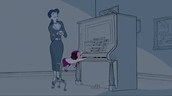 Movie still from “Fantasia 2000” (1999), directed by Eric Goldberg – A woman standing next to a piano with a baby on her lap; Wide shot, Over the shoulder angle