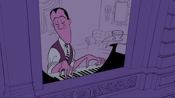 Movie still from “Fantasia 2000” (1999), directed by Eric Goldberg – A cartoon of a man playing the piano in a living room; Medium shot, Overhead angle