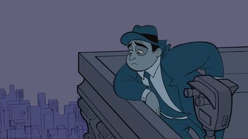 Movie still from “Fantasia 2000” (1999), directed by Eric Goldberg – A cartoon of a man in a suit and hat; Medium shot, Low angle