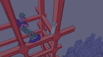 Movie still from “Fantasia 2000” (1999), directed by Eric Goldberg – A man sitting on top of a wooden structure; Extreme Wide shot, Low angle