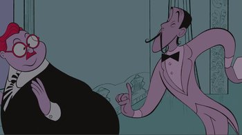 Movie still from “Fantasia 2000” (1999), directed by Eric Goldberg – An animated man with a mustache is hanging from a string; Extreme Close Up shot, Over the shoulder angle