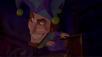 Movie still from “Fantasia 2000” (1999), directed by Eric Goldberg – A cartoon character's face; Medium shot, Low angle