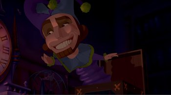 Movie still from “Fantasia 2000” (1999), directed by Eric Goldberg – An animated character with a big smile on his face; Medium shot, High angle