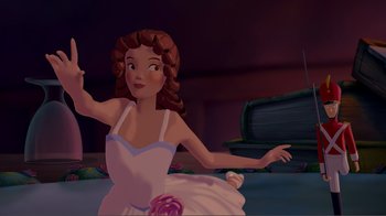 Movie still from “Fantasia 2000” (1999), directed by Eric Goldberg – A woman in a white dress is standing in front of a piano; Medium shot, High angle