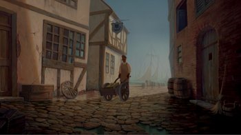 Movie still from “Fantasia 2000” (1999), directed by Eric Goldberg – A man riding a bike down a street with buildings in the background; Extreme Wide shot, High angle