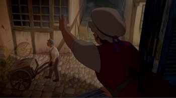 Movie still from “Fantasia 2000” (1999), directed by Eric Goldberg – An animated scene of a man waving at a man; Wide shot, High angle
