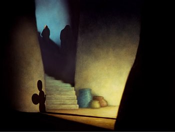Movie still from “Fantasia 2000” (1999), directed by Eric Goldberg – A painting of a staircase with a person standing on the steps; Extreme Wide shot, Low angle