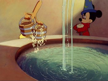 Movie still from “Fantasia 2000” (1999), directed by Eric Goldberg – A painting of a bucket and a bucket of water; Medium shot, High angle