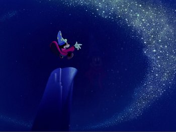Movie still from “Fantasia 2000” (1999), directed by Eric Goldberg – A picture of a person flying through the air; Extreme Wide shot, Overhead angle