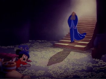 Movie still from “Fantasia 2000” (1999), directed by Eric Goldberg – A scene from the disney animated film , the sorcerer's apprentice; Wide shot, Low angle