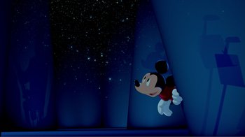 Movie still from “Fantasia 2000” (1999), directed by Eric Goldberg – A cartoon of mickey mouse looking up at the stars; Extreme Wide shot, Low angle