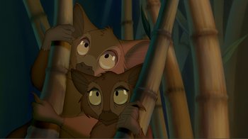 Movie still from “Fantasia 2000” (1999), directed by Eric Goldberg – A couple of animals that are in some kind of forest; Medium shot, Low angle