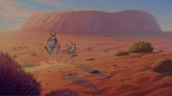 Movie still from “Fantasia 2000” (1999), directed by Eric Goldberg – Two kangaroos are jumping in the air in front of a mountain; Extreme Wide shot, High angle