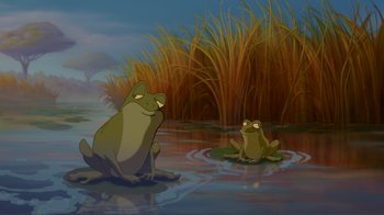 Movie still from “Fantasia 2000” (1999), directed by Eric Goldberg – Two frogs sitting on a leaf in the water; Wide shot, Low angle