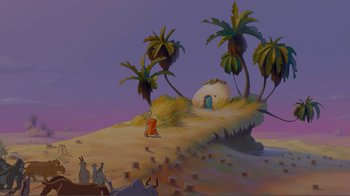 Movie still from “Fantasia 2000” (1999), directed by Eric Goldberg – A painting of a desert scene with animals and palm trees in the background; Extreme Wide shot, Low angle