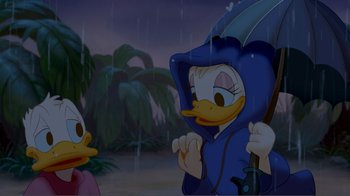 Movie still from “Fantasia 2000” (1999), directed by Eric Goldberg – A couple of cartoon characters are in the rain; Wide shot, High angle
