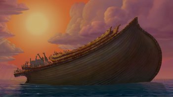 Movie still from “Fantasia 2000” (1999), directed by Eric Goldberg – An illustration of noah's ark in the middle of the ocean; Extreme Wide shot, Low angle