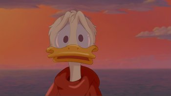 Movie still from “Fantasia 2000” (1999), directed by Eric Goldberg – A cartoon of a duck wearing a red shirt; Close Up shot, High angle