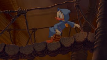 Movie still from “Fantasia 2000” (1999), directed by Eric Goldberg – A cartoon of a duck walking on top of a rope bridge; Wide shot, High angle