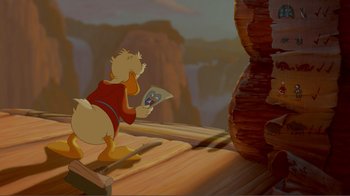 Movie still from “Fantasia 2000” (1999), directed by Eric Goldberg – A painting of a duck reading a newspaper; Wide shot, High angle