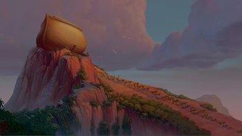 Movie still from “Fantasia 2000” (1999), directed by Eric Goldberg – A painting of noah's ark sitting on top of a mountain; Extreme Wide shot, Low angle