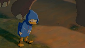 Movie still from “Fantasia 2000” (1999), directed by Eric Goldberg – A drawing of a duck wearing a blue hooded jacket; Wide shot, High angle