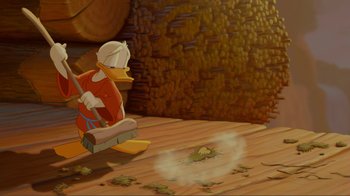 Movie still from “Fantasia 2000” (1999), directed by Eric Goldberg – A painting of donald duck cleaning a floor; Wide shot, Low angle