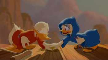 Movie still from “Fantasia 2000” (1999), directed by Eric Goldberg – Two cartoon characters one of which is holding a foot and the other of the same character is shaking hands; Wide shot, Low angle