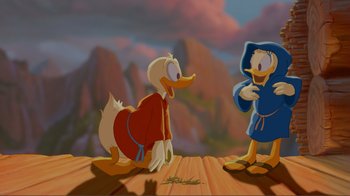 Movie still from “Fantasia 2000” (1999), directed by Eric Goldberg – A painting of a duck and a duck in a blue robe; Wide shot, Low angle